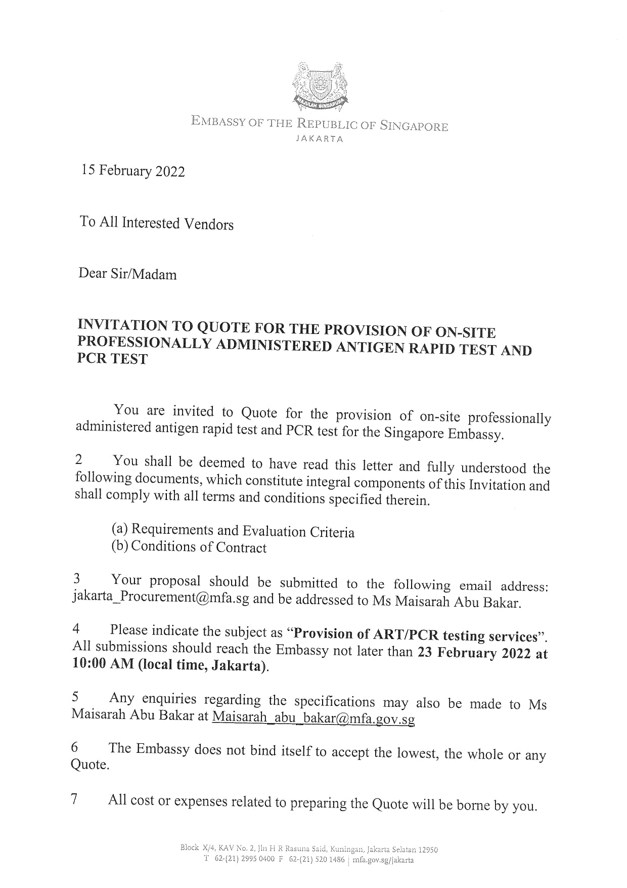 Singapore Embassy invitation to quote for on-site COVID antigen & PCR testing.